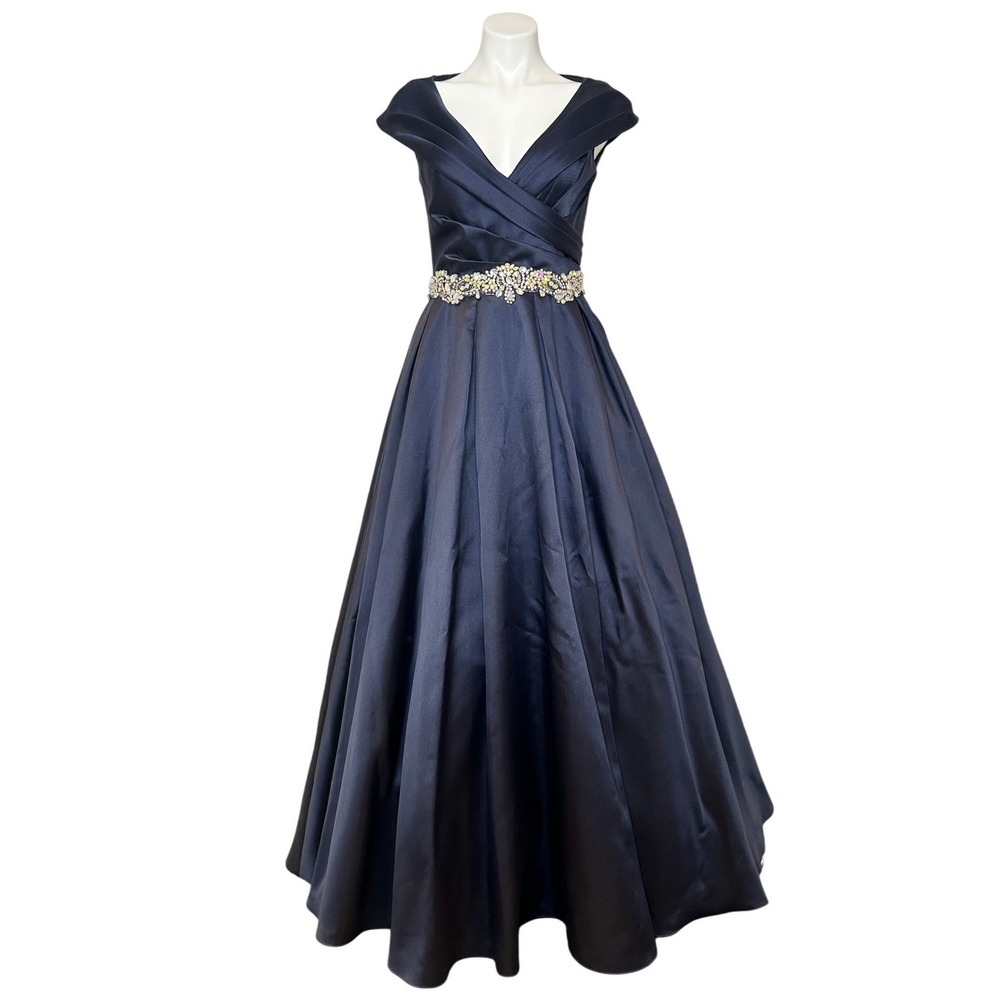 Jovani 25190 Navy Blue 10 Satin Portrait Neck Crystal Waist Evening Gown Dress